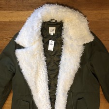 Womens Gap Khaki Green Parka Coat/jacket Size Medium New With Tags White Furry