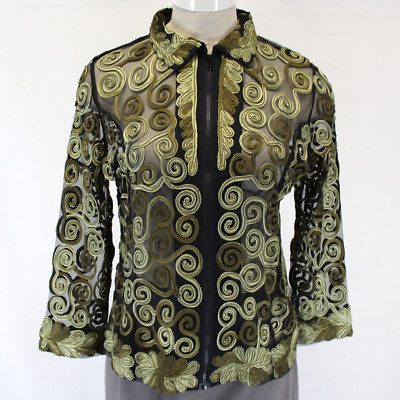 Parsley & Sage Plus Tiffany Zip Sheer Jacket Gold Embroidered Dressy 1X 7F64E26P