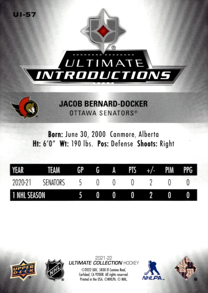 Jacob Bernard-Docker - 2021-22 UD Ultimate Introductions Rookie Card #UI-57 - Image 2 of 2