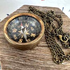 Antique Finish Open Face Brass Compass w/ 27" Chain, Old Pocket Style, Necklace