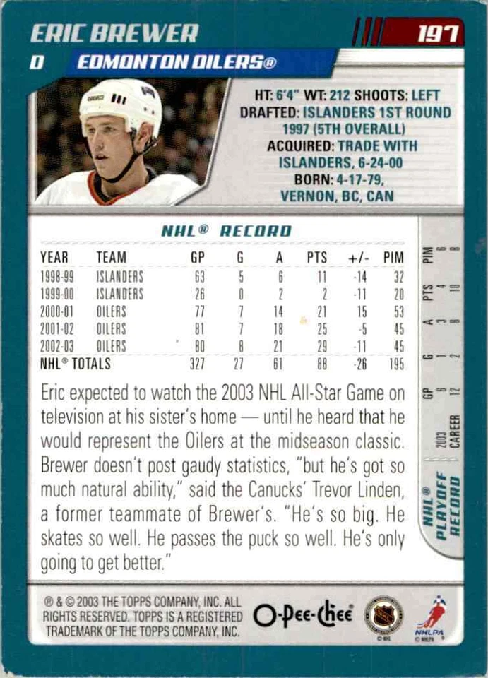 2003-04 O-Pee-Chee Eric Brewer #197 - Image 2 of 2