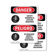 (2 Pack) Safety Harness And Lifeline Required Bilingual OSHA Danger Sign Decal