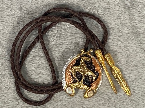 South Western End of the Trail Stone Inlaid Bolo Tie Tone Feather Ends