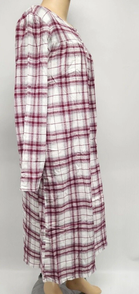 Womens Flannel Nightgown 100% Cotton Flannel White/Burgundy Plaid Croft &  Barrow