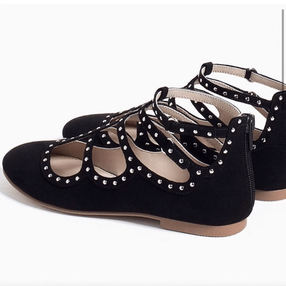 Zara Girls kids Black Cage Silver Stud faux suede Flats shoes -28.US 5 - Image 2 of 4