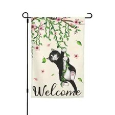 NEW ADORABLE HANGING CAT WELCOME GARDEN FLAG 12 X 18 POLYESTER