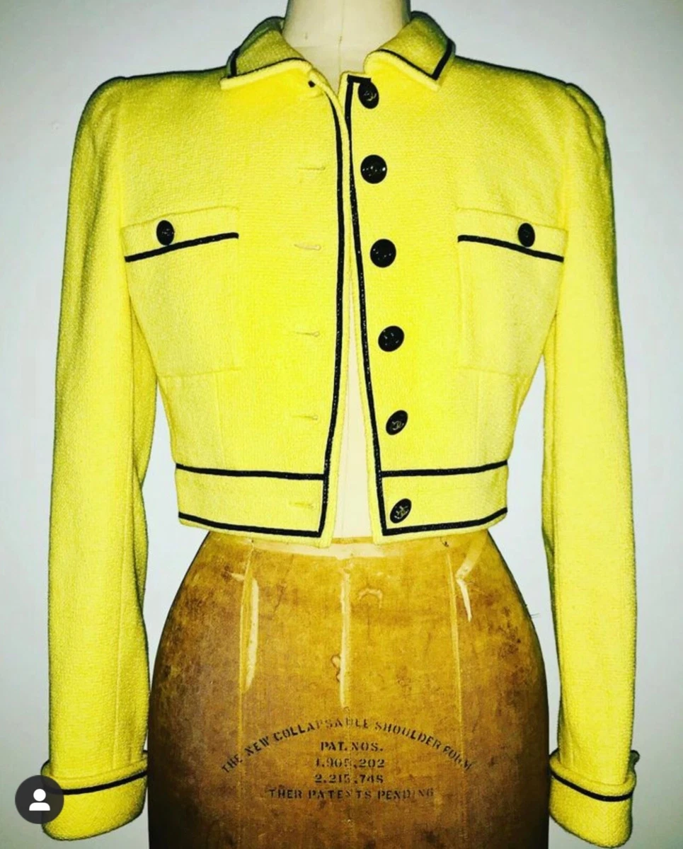 Chanel mustard yellow boucle jacket with round CC logo buttons