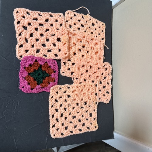 Lot Of 6 Handmade Crocheted Granny Squares five 6” orange one rose pink 4”
