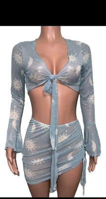 Moon And Stars Blue Semi Sheer  Rave Tie Crop Top & Mini Skirt Set 