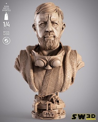 Old Ben Obiwan Kenobi Portrait Bust 3D Printed star wars 3 pieces GREY - 9 in