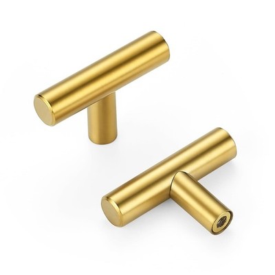 2 Inch Gold Cabinet Knobs, T Bar Drawer Pulls, Single Hole Brass Handles, Gold