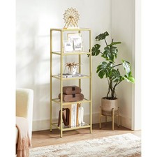 5-Tier Slim Bookshelf with Tempered Glass Shelves Gold Steel Frame