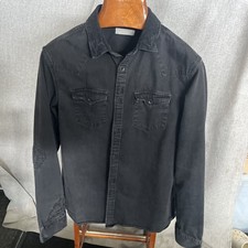 Allsaints Biso Distressed Denim Regular Fit Button Down Shirt Black Size M