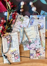 Set Of 4 Easter Junk Journal Tags Bookmark Beaded Dangle Decor Scrap Handmade