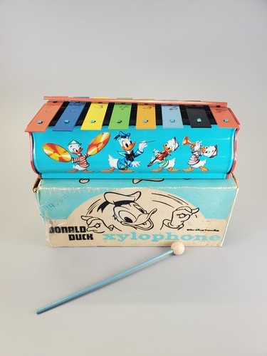 Vtg Walt Disney Donald Duck Xylophone Tin Toy Instrument w/ Box & Mallet