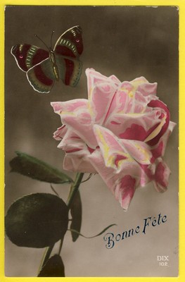 cpa Visé PARIS N°102 BONNE FÊTE FLEUR ROSE PAPILLON Happy Feast Flower Butterfly
