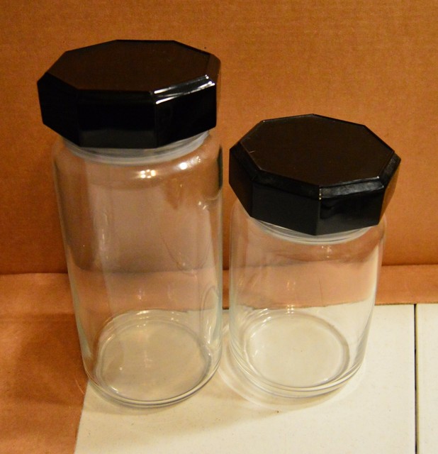 Set of 2 Clear Glass Round Canisters With Hexagonal Black Plastic Lid