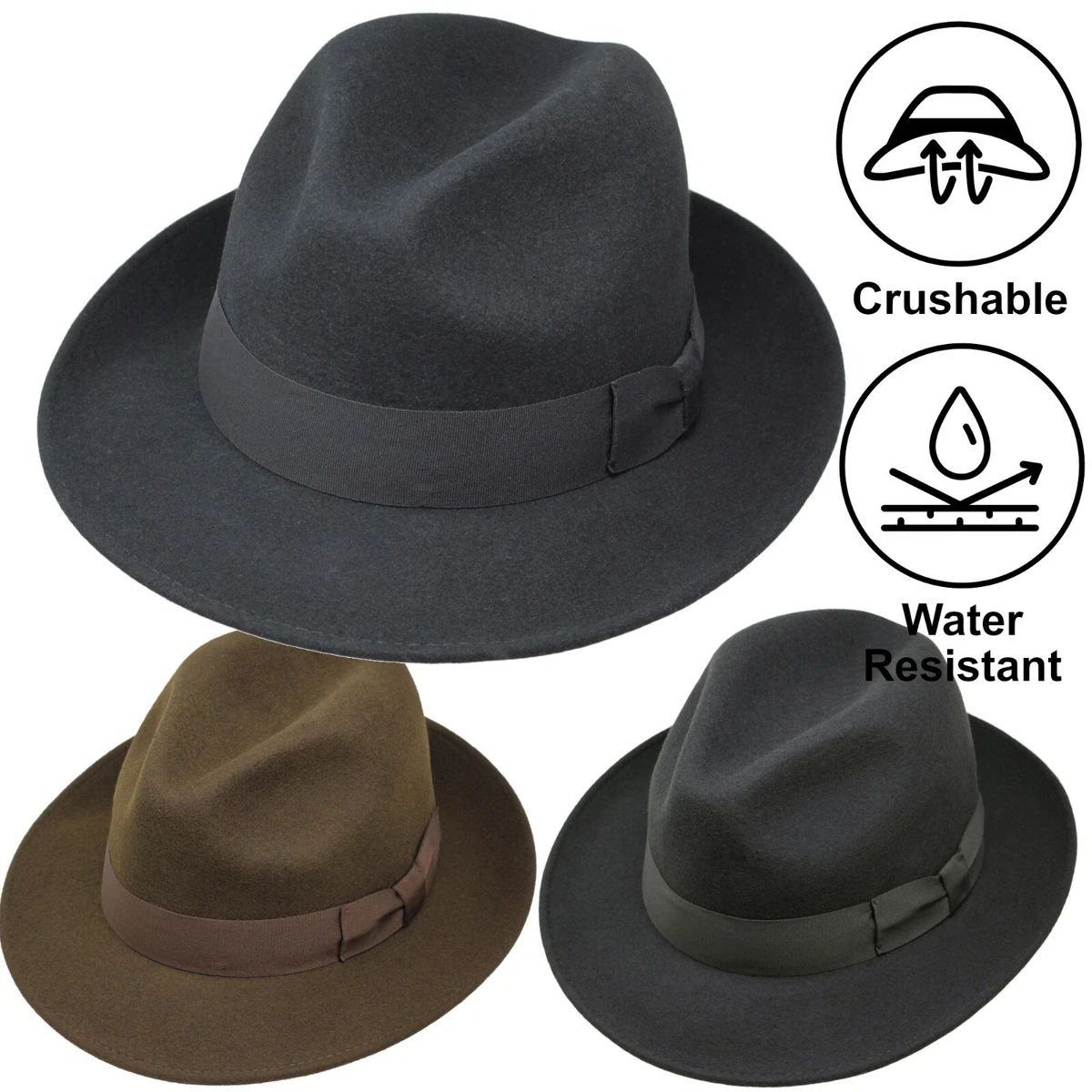 Sombrero ligero de fieltro Fedora 100 % fieltro de lana aplastable para viajes resistente al agua