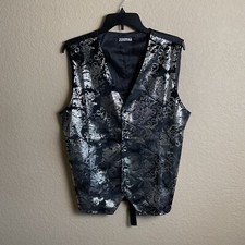 Zeroyaa Mens Medium Black Silver Paisley Floral Print Button Up Vest Formal