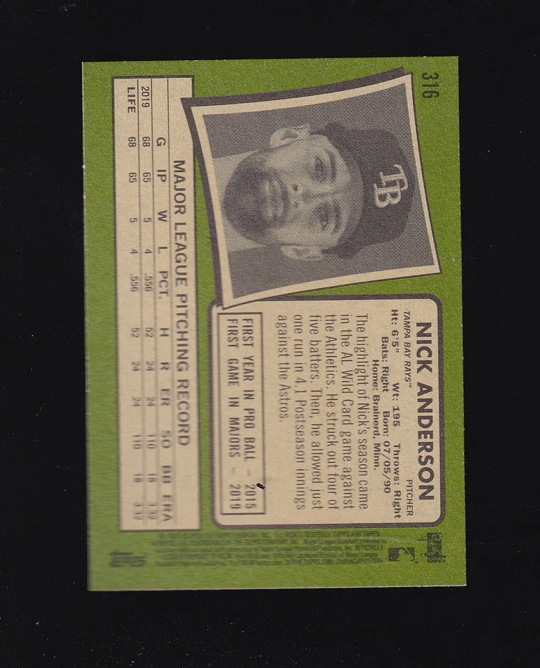 2020 Topps Heritage Rookie Cup Nick Anderson #316 Tampa Bay Rays - Image 2 of 2