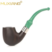 MUXIANG Ebony Wood Tobacco Pipe Handmade 9mm Filter Green Bent Stem Silver Ring