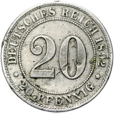 Deutsches Reich - Kaiserreich - J. 14 - Münze - 20 Pfennig 1892 A - SELTEN !