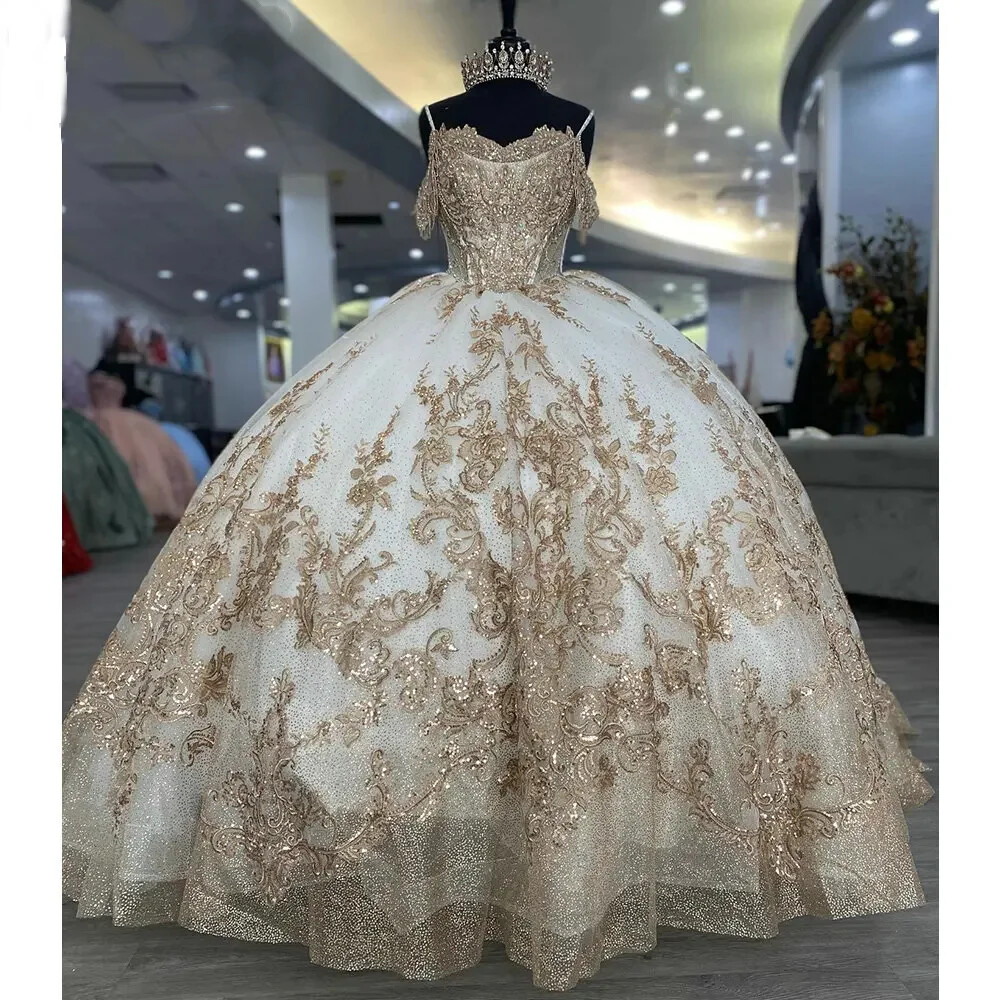 white and gold sweet 15 dresses Sweet 16 Long Ball Gown Quinceanera Sequin Dress main image 1