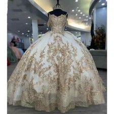 Quinceanera Dresses Luxurt Sequined Lace Appliques Champagne Ball Gowns Sweet 15
