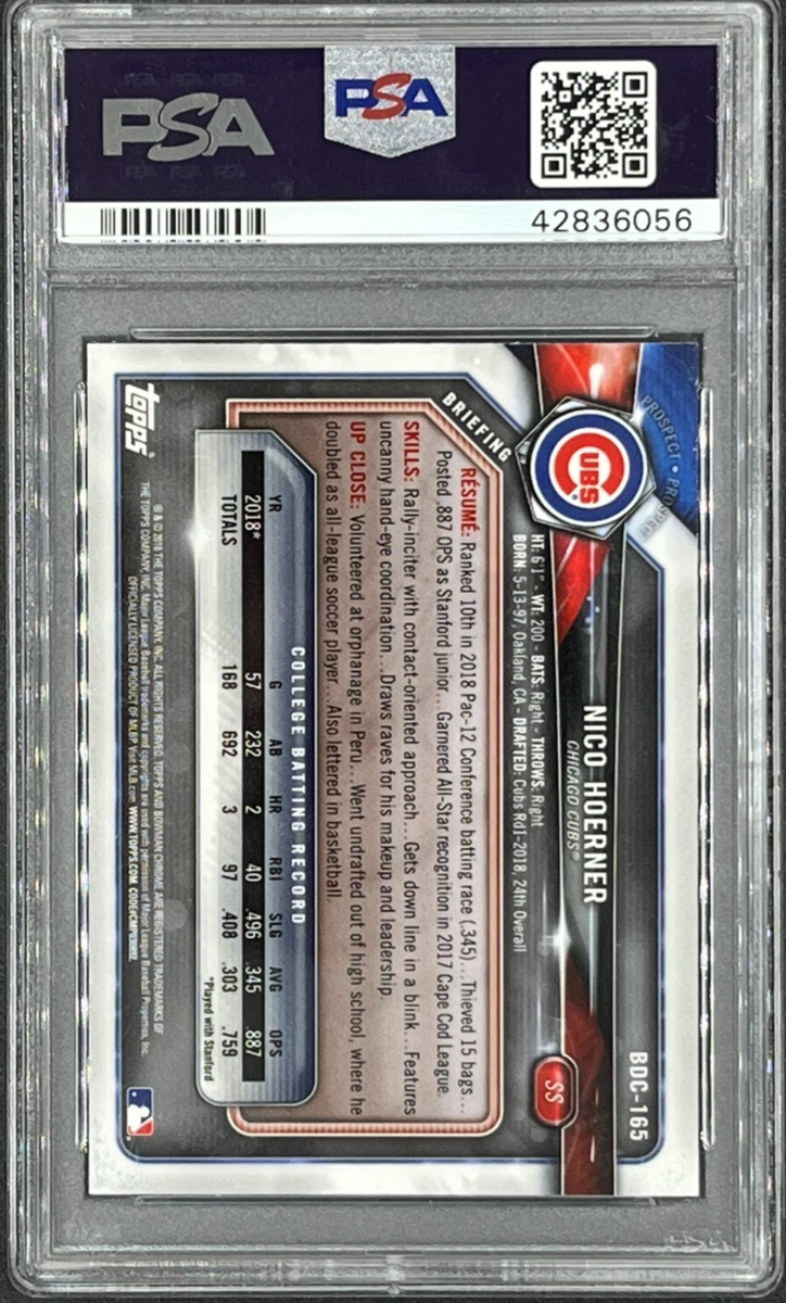 2018 Bowman Draft Nico Hoerner # BDC165 Chrome Asia refractor PSA