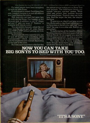 1975 Sony Trinitron With Remote Control Take it to Bed Blanket VINTAGE PRINT AD