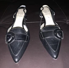 Joan And David Circa Black Leather Sling Back Closed Toe Kitten Heel 6 Black