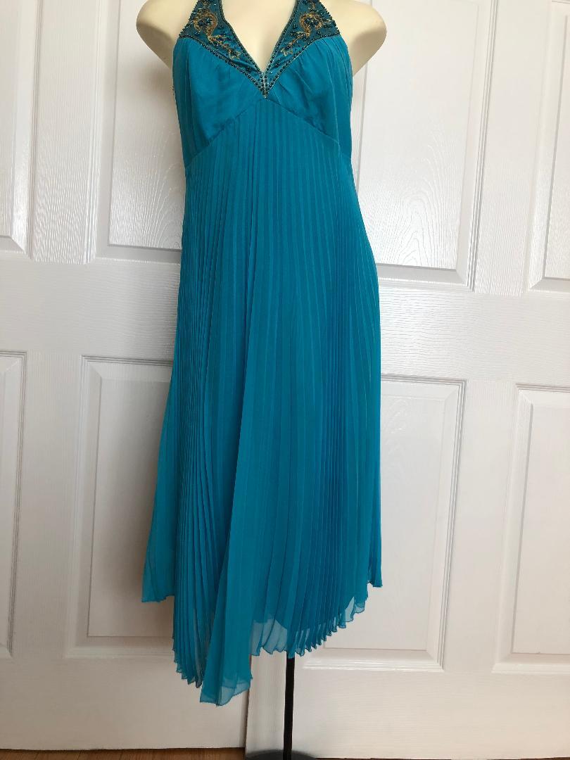 silk laundry halter dress Shelli Segal 100% Embroidered Turquoise 8 Ret $380 4.2.24