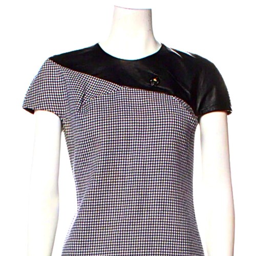 Versace Wool Leather Silk Houndstooth Dress Navy Blue Women's Size 40 / US XS - Picture 4 of 21