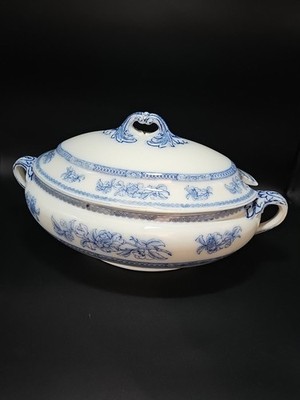 Antike T.B & Co blau weiß Servierterrine mit Deckel Blumenmuster groß