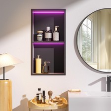 "Hasipu 12x24"" 2-Tier Matte Black Shower Niche w/ RGB LED Wall Shelf"