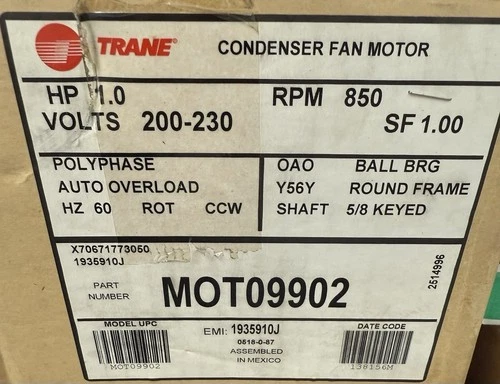 Trane MOT09902 1 HP 3-Phase Condenser Fan Motor 200-230 V 850 RPM — New in Box