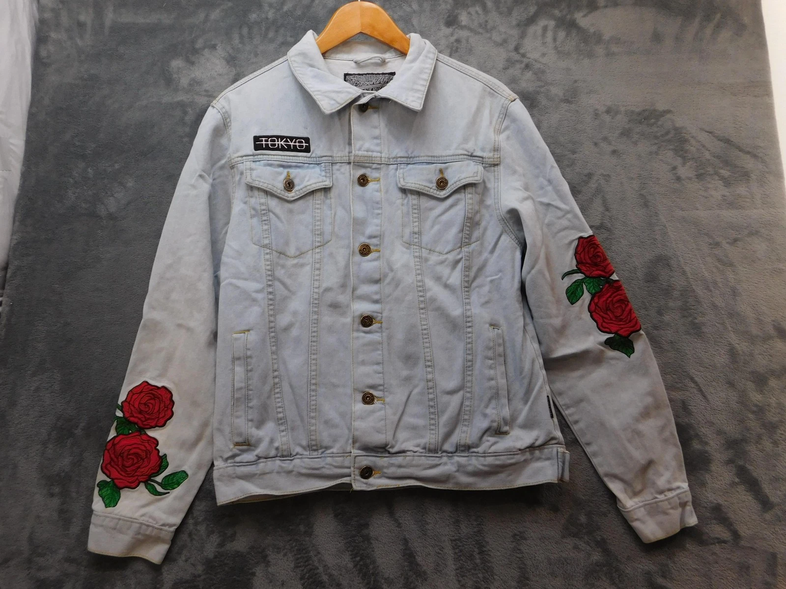 Brooklyn Cloth Denim Jacket Mens Medium Light Wash Tokyo Roses Embroidered image 1