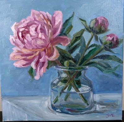 Original Oil Painting Peonies Pink and Blue Flowers vase  Floral Still Life