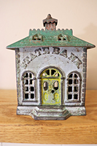 STATE BANK cast iron building bank - circa 1890 - rated D