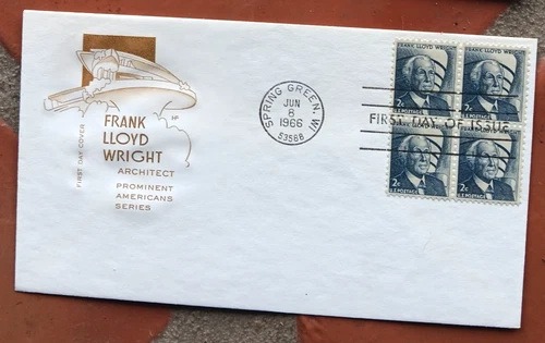 ARCHITECT FRANK LLOYD WRIGHT PORTRAIT 1966 FARNAM CACHET STAMP BLOCK FDC UNADDR