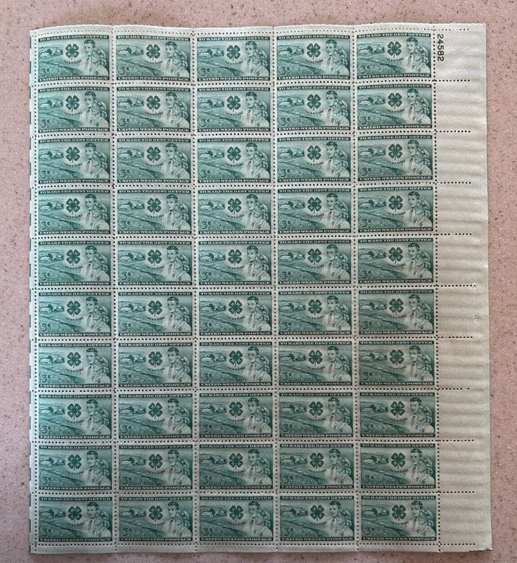 US STAMP  1005 SHEET OF 50 THE 4-H CLUBS STAMPS 3 CENT FACE MNH