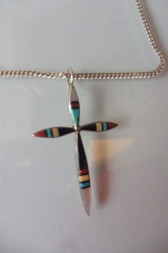 Sehr schöne, alte Kette mit Anhänger ,Kreuz ,Sterlingsilber m. Steinen ,signiert