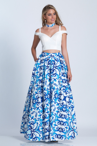 Dave & Johnny 3473 Blue White Print Ball Gown 2 Piece Prom Formal Gala Oscar 7/8 - Afbeelding 1 van 2