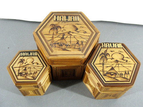 BAMBOO NESTING STORAGE BOX SET LOT 3 HAWAII SOUVENIR 🌴 TRINKET JEWELRY VINTAGE
