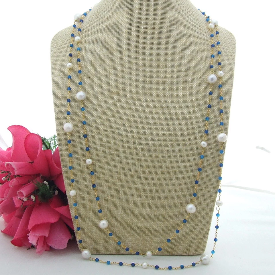 Collar Largo Cadena Chapado en Oro Ágata Azul Perla Keshi Blanco 70" Foto 3 de 4