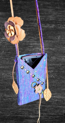Smart Phone Case Cross Body Bag Art Felted Wool Purse Leather Flower Accent