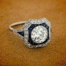 Art Deco Antique 2 Ct Round CZ  Sapphire Engagement Ring 925 Sterling Silver