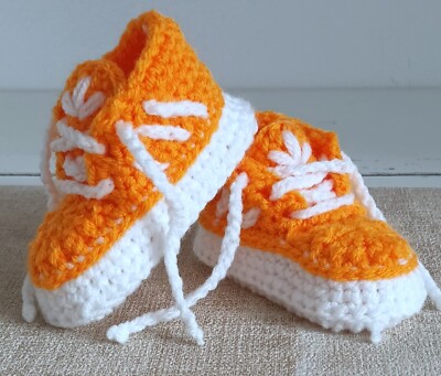 HANDHÄKEL BABYSCHUHE THROURS SNEAKERS WOLLSTRICK ORANGE WEICHE STIEFEL 