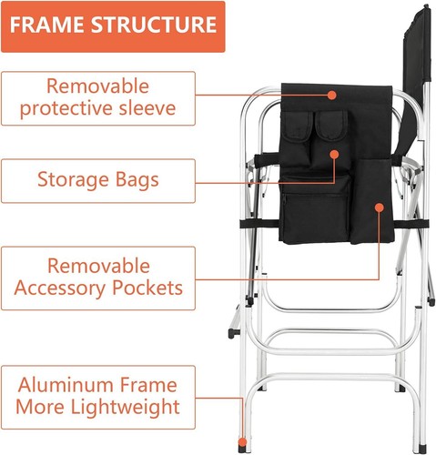 Directors Chair,Portable Makeup Artist Bar Height, Aluminum Frame,Folding - Picture 3 of 8