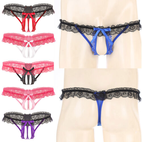 Men Bowknot Ruffle Lace T-Back Thongs Open Crotch G-String Underwear Sissy Brief - Afbeelding 1 van 75